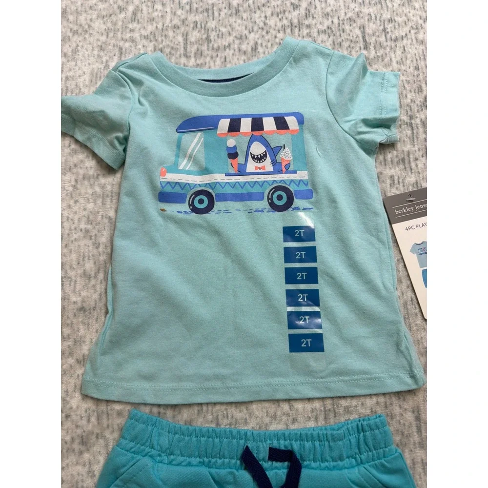 Berkley Jensen Toddler Boys 4PC Play Set Shark T-Shirt Tank Shorts‎ Aqua Navy 2T